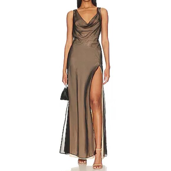 NBD Dresses & Skirts - Revolve NBD Calla Cowl Neck Gown Black & Nude Chiffon Maxi Dress Size M